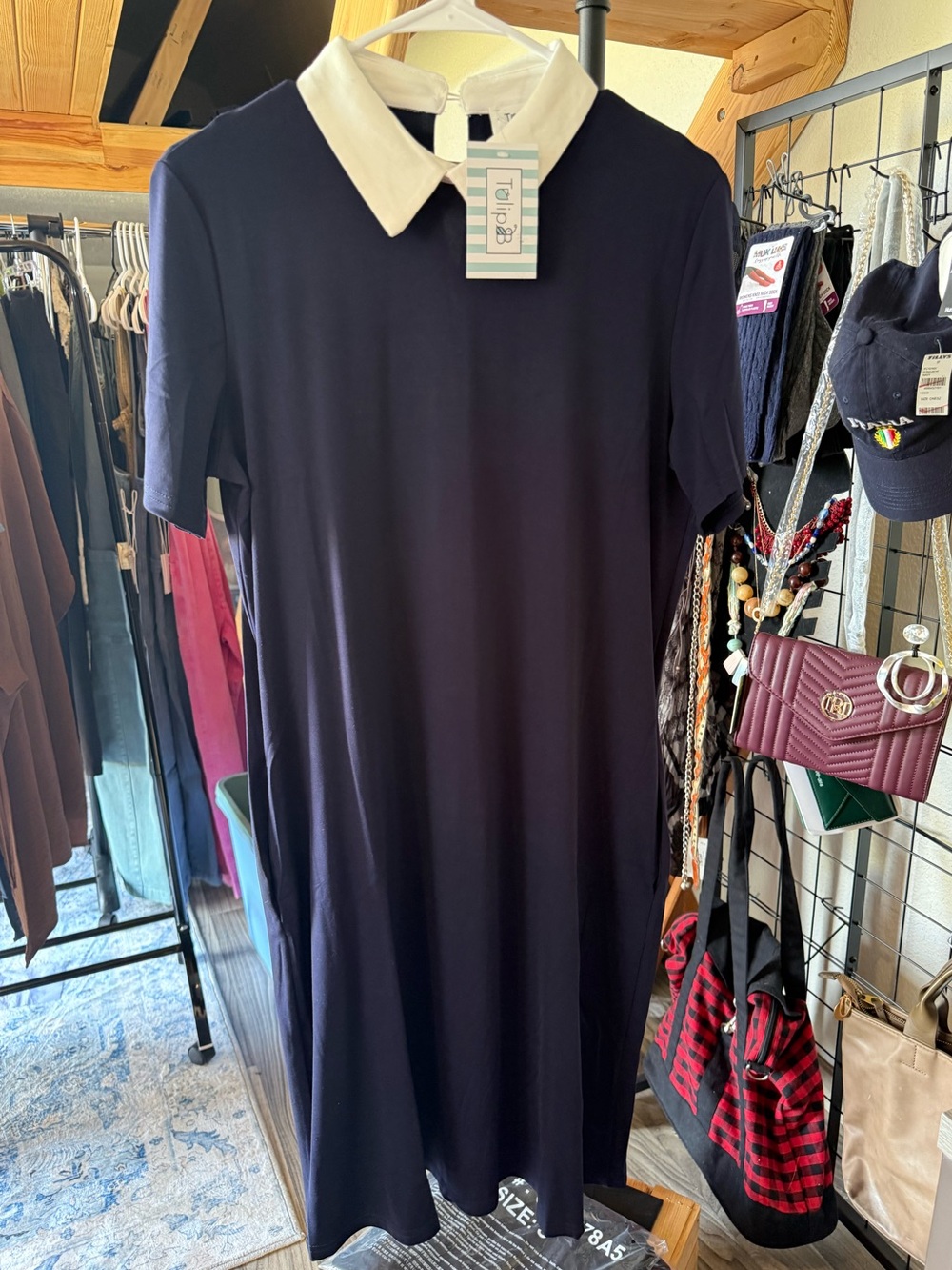 Tulip B Navy Contrast Collar Midi Dress Size M NWT Peter Pan Collar